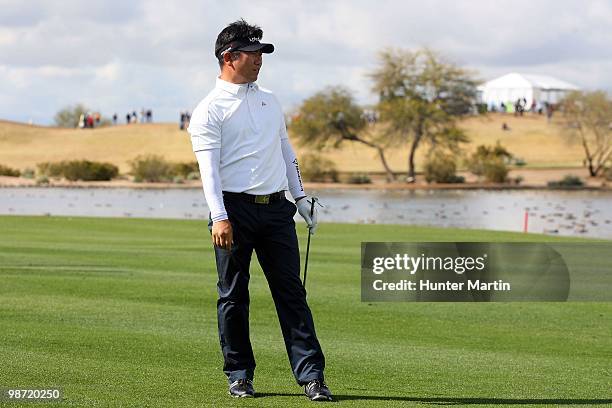 Yang looks on during the final round of the Waste Management Phoenix Open at TPC Scottsdale on February 28, 2010 in Scottsdale, Arizona.