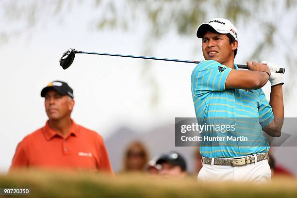 Andres Romero hits his shot during the second round of the Waste Management Phoenix Open at TPC Scottsdale on February 26, 2010 in Scottsdale,...