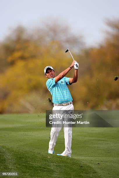 Andres Romero hits his shot during the second round of the Waste Management Phoenix Open at TPC Scottsdale on February 26, 2010 in Scottsdale,...