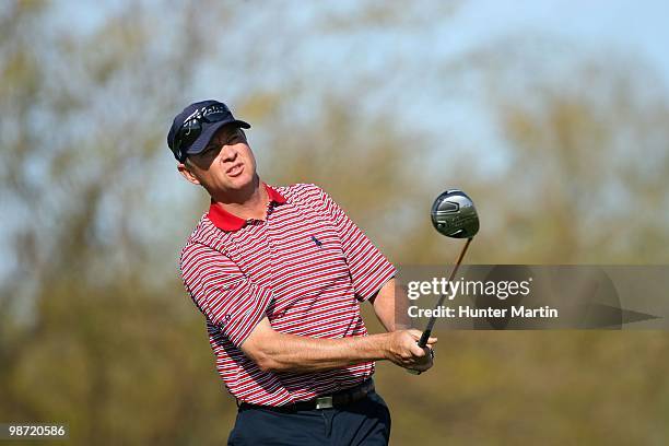 Davis Love III hits his shot during the second round of the Waste Management Phoenix Open at TPC Scottsdale on February 26, 2010 in Scottsdale,...