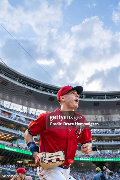 Max Kepler of the Minnesota Twins looks on against the Texas Rangers on June 22, 2018 at Target Field in Minneapolis, Minnesota. The Rangers defeated...