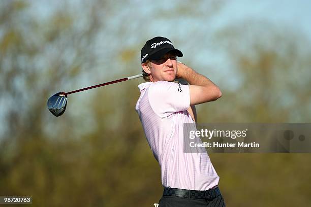 Vaughn Taylor hits his shot during the second round of the Waste Management Phoenix Open at TPC Scottsdale on February 26, 2010 in Scottsdale,...