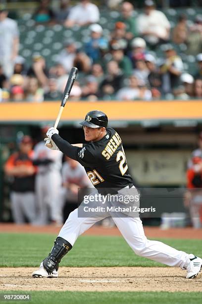 Ryan Sweeney of the Oakland Athletics hitting during the game against the Baltimore Orioles at the Oakland Coliseum in Oakland, California on April...