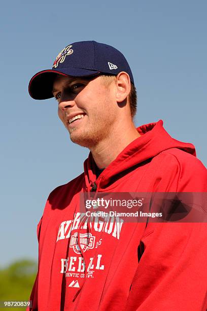 Pitcher Stephen Strasburg of the Harrisburg Senators is interviewed prior to a game on April 14, 2010 against the Bowie Baysox at Prince Georges...