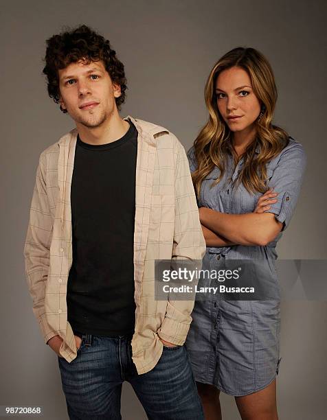 Actors Jesse Eisenberg and Eloise Mumford from the film "Some Boys Don't Leave" attend the Tribeca Film Festival 2010 portrait studio at the...