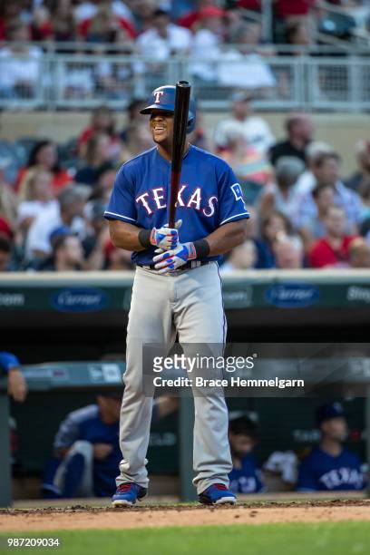 Adrian Beltre of the Texas Rangers looks on and laughs against the Minnesota Twins on June 22, 2018 at Target Field in Minneapolis, Minnesota. The...