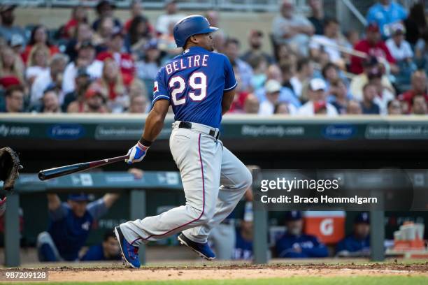 Adrian Beltre of the Texas Rangers bats against the Minnesota Twins on June 22, 2018 at Target Field in Minneapolis, Minnesota. The Rangers defeated...