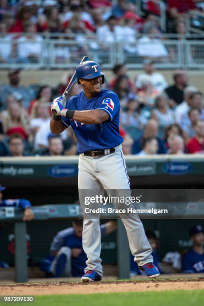 Adrian Beltre of the Texas Rangers looks on and laughs against the Minnesota Twins on June 22, 2018 at Target Field in Minneapolis, Minnesota. The...