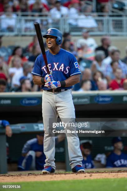 Adrian Beltre of the Texas Rangers looks on and laughs against the Minnesota Twins on June 22, 2018 at Target Field in Minneapolis, Minnesota. The...