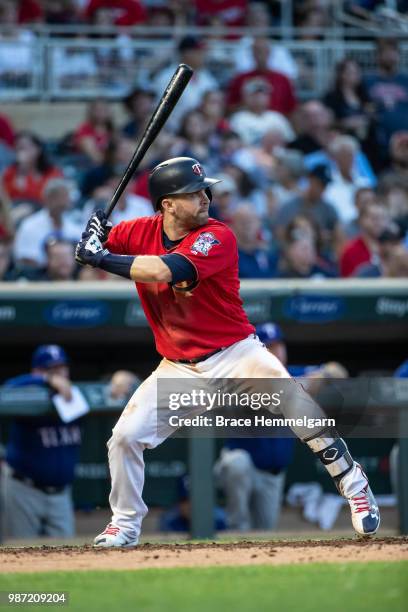 Brian Dozier of the Minnesota Twins bats against the Texas Rangers on June 22, 2018 at Target Field in Minneapolis, Minnesota. The Rangers defeated...