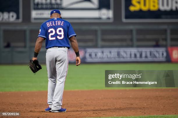 Adrian Beltre of the Texas Rangers looks on against the Minnesota Twins on June 22, 2018 at Target Field in Minneapolis, Minnesota. The Rangers...