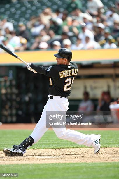 Ryan Sweeney of the Oakland Athletics hitting during the game against the Baltimore Orioles at the Oakland Coliseum in Oakland, California on April...