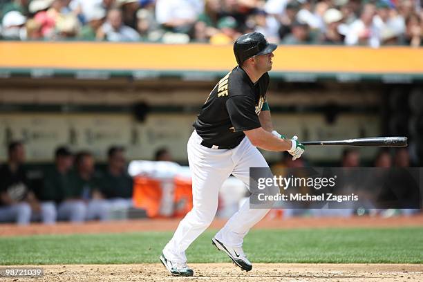 Kevin Kouzmanoff of the Oakland Athletics hitting during the game against the Baltimore Orioles at the Oakland Coliseum in Oakland, California on...