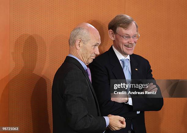 Director of the World Trade Organization Pascal Lamy and World Bank President Robert Zoellick attend a meeting at the Chancellery on April 28, 2010...