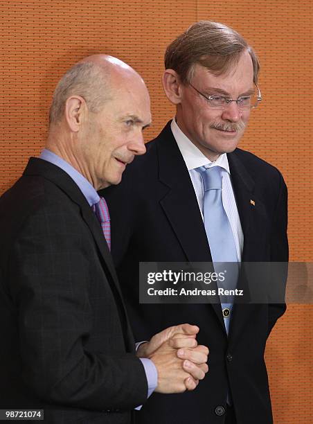 Director of the World Trade Organization Pascal Lamy and World Bank President Robert Zoellick attend a meeting at the Chancellery on April 28, 2010...