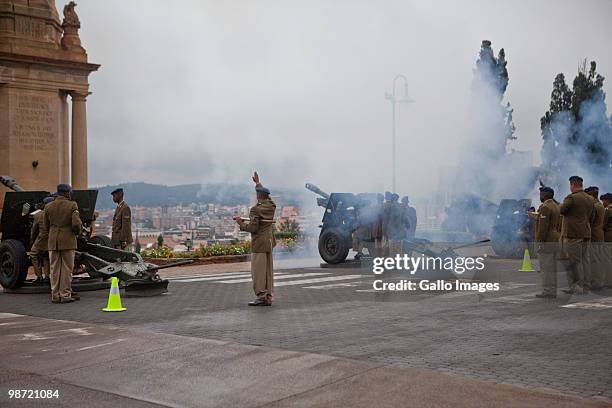 South African military forces fire canons for the celebration of Freedom Day outside the Union Building on April 27, 2010 in Pretoria, South Africa....