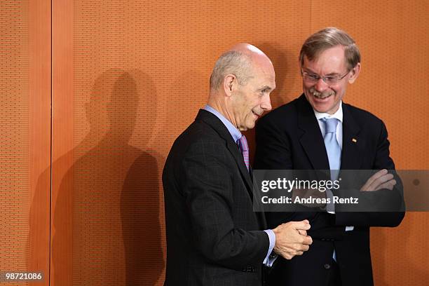 Director of the World Trade Organization Pascal Lamy and World Bank President Robert Zoellick attend a meeting at the Chancellery on April 28, 2010...