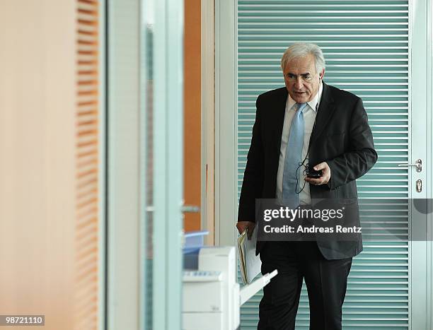 Dominique Strauss-Kahn, managing director of the International Monetary Fund attends a meeting at the Chancellery on April 28, 2010 in Berlin,...