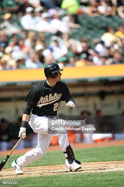 Ryan Sweeney of the Oakland Athletics hitting during the game against the Baltimore Orioles at the Oakland Coliseum in Oakland, California on April...