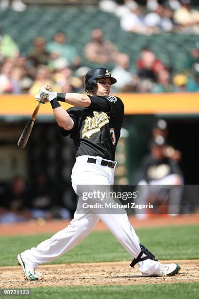 Ryan Sweeney of the Oakland Athletics hitting during the game against the Baltimore Orioles at the Oakland Coliseum in Oakland, California on April...