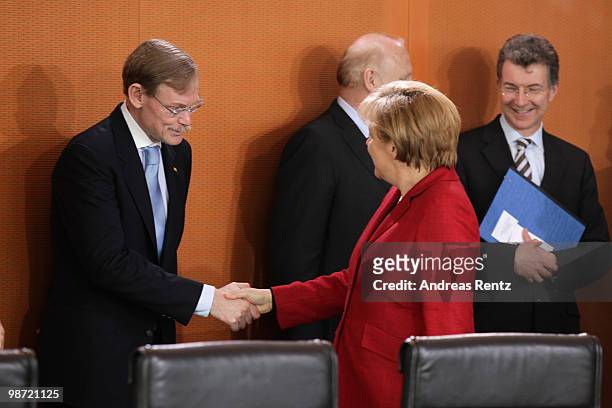 German Chancellor Angela Merkel World Bank President Robert Zoellick prior to a meeting at the Chancellery on April 28, 2010 in Berlin, Germany....