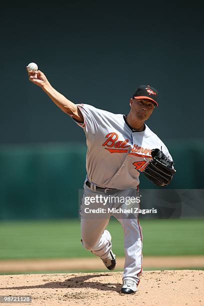 Jeremy Guthrie of the Baltimore Orioles pitching during the game against the Oakland Athletics at the Oakland Coliseum in Oakland, California on...