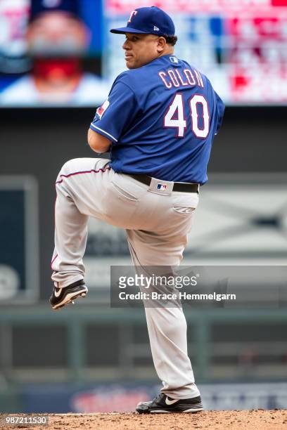Bartolo Colon of the Texas Rangers pitches against the Minnesota Twins on June 24, 2018 at Target Field in Minneapolis, Minnesota. The Twins defeated...