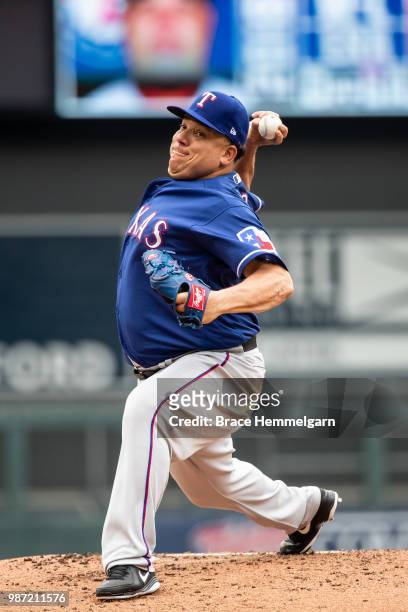Bartolo Colon of the Texas Rangers pitches against the Minnesota Twins on June 24, 2018 at Target Field in Minneapolis, Minnesota. The Twins defeated...