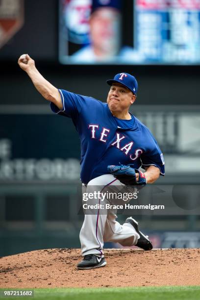 Bartolo Colon of the Texas Rangers pitches against the Minnesota Twins on June 24, 2018 at Target Field in Minneapolis, Minnesota. The Twins defeated...