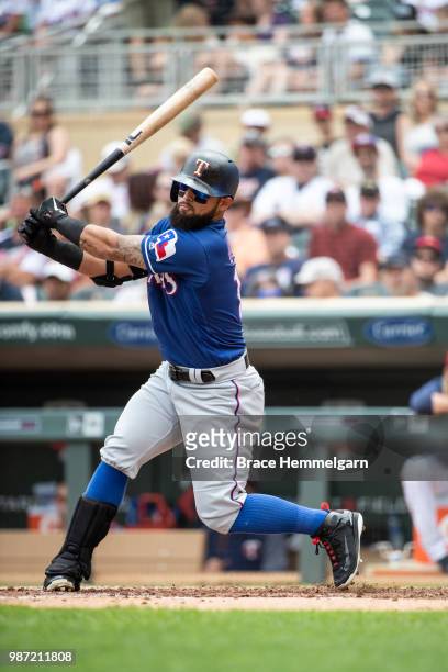 Rougned Odor of the Texas Rangers bats against the Minnesota Twins on June 24, 2018 at Target Field in Minneapolis, Minnesota. The Twins defeated the...