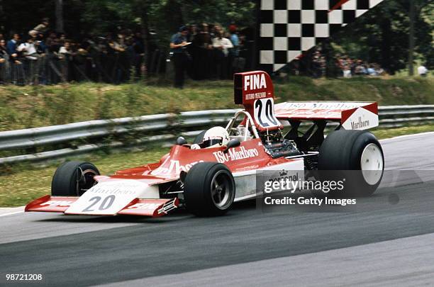 Arturo Merzario drives the Frank Williams Racing Cars Marlboro Iso Ford FW during the British Grand Prix on 20 July 1974 at the Brands Hatch circuit...