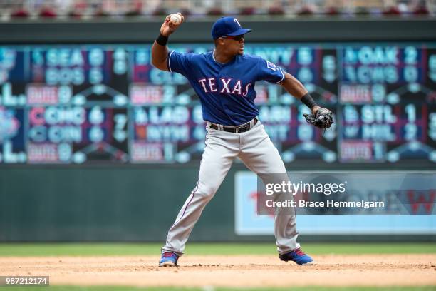 Adrian Beltre of the Texas Rangers throws against the Minnesota Twins on June 24, 2018 at Target Field in Minneapolis, Minnesota. The Twins defeated...