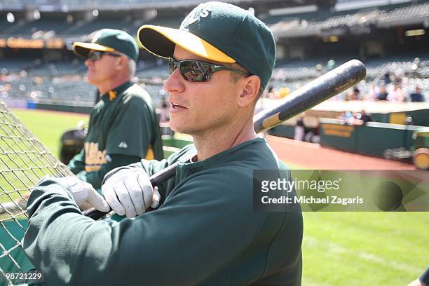 Mark Ellis of the Oakland Athletics standing at the batting cage prior to the game against the Baltimore Orioles at the Oakland Coliseum in Oakland,...