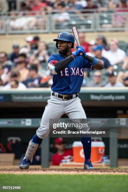 Jurickson Profar of the Texas Rangers bats against the Minnesota Twins on June 24, 2018 at Target Field in Minneapolis, Minnesota. The Twins defeated...