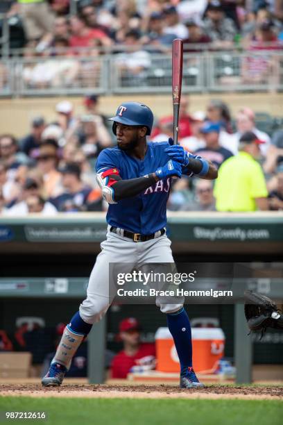 Jurickson Profar of the Texas Rangers bats against the Minnesota Twins on June 24, 2018 at Target Field in Minneapolis, Minnesota. The Twins defeated...