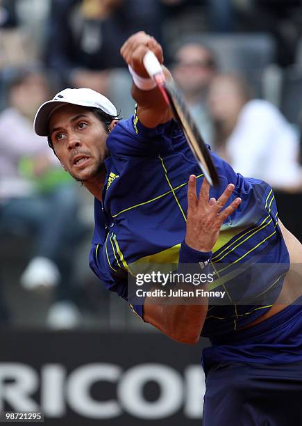 Fernando Verdasco of Spain serves to Simone Bolelli of Italy during day four of the ATP Masters Series - Rome at the Foro Italico Tennis Centre on...