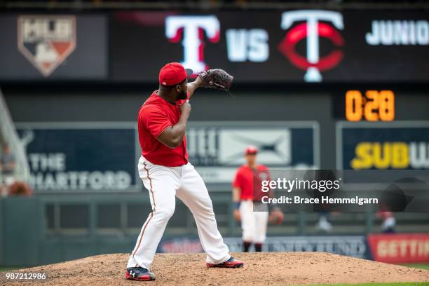 Fernando Rodney of the Minnesota Twins celebrates against the Texas Rangers on June 24, 2018 at Target Field in Minneapolis, Minnesota. The Twins...