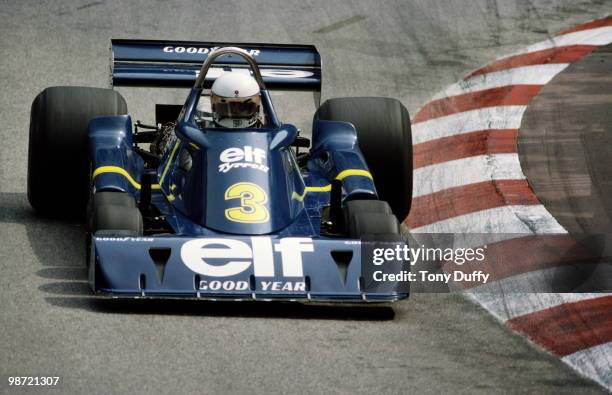 Jody Scheckter drives the Elf Team Tyrrell Ford P34 six wheeler during the Grand Prix of Monaco on 30 May 1976 on the streets of the Principality of...