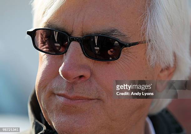 Bob Baffert the trainer of Lookin at Lucky is pictured in the barn area during the morning workouts for the Kentucky Derby at Churchill Downs on...