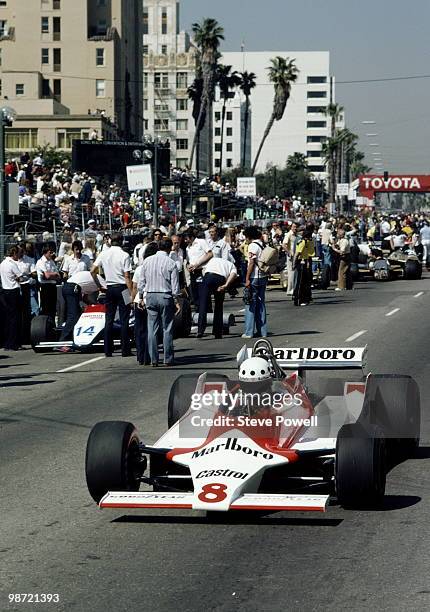 Stephen South drives the Marlboro Team McLaren Ford M29C out of the pit lane during practice for the United States Grand Prix West on 29 March 1980...