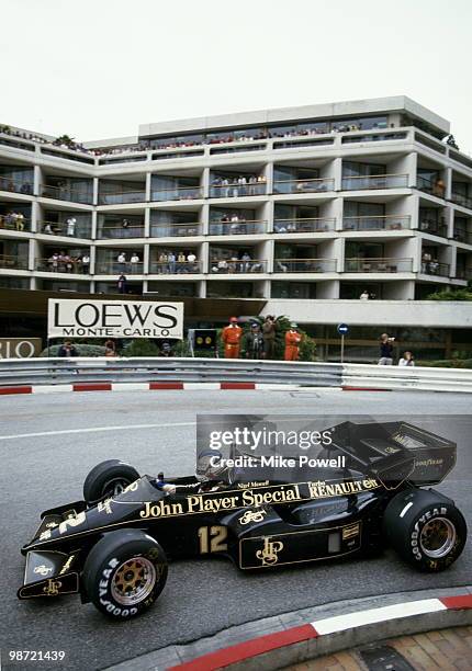 Nigel Mansell drives the John Player Team Lotus Renault 93T during practice for the Grand Prix of Monaco on 2 June 1984 on the streets of the...