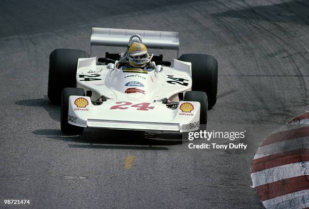 Harald Ertl drives the Hesketh Racing Hesketh Ford 308Dduring practice for the Grand Prix of Monaco on 29 May 1976 on the streets of the Principality...