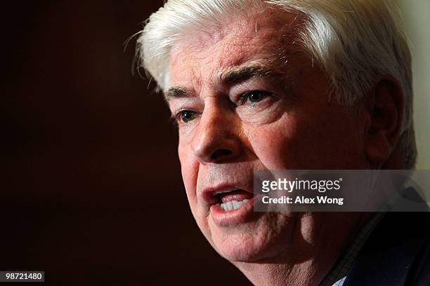 Sen. Christopher Dodd speaks during a news conference April 28, 2010 on Capitol Hill in Washington, DC. The news conference was to discuss how...