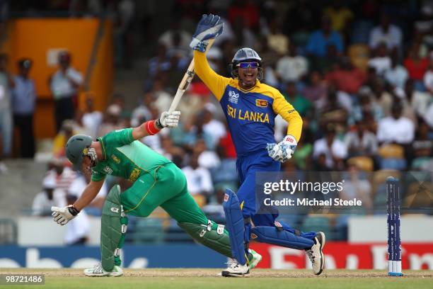 Kumar Sangakkara of Sri Lanka appeals successfullyafter stumping Herschelle Gibbs during The ICC T20 World Cup warm up match between Sri Lanka and...