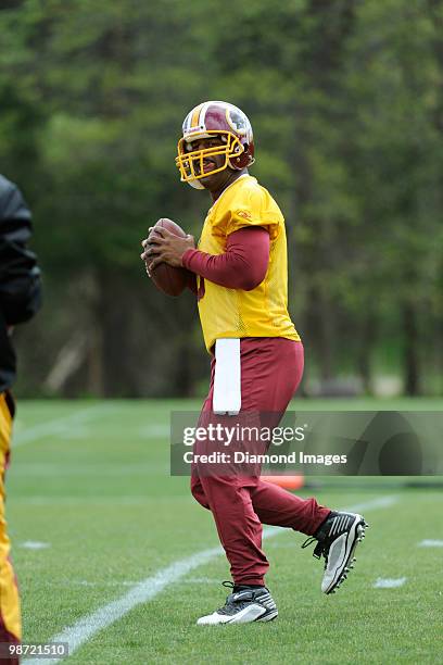 Quarterback Donovan McNabb of the Washington Redskins drops back to throw a pass during a mini camp on April 18, 2010 at Redskins Park in Ashburn,...