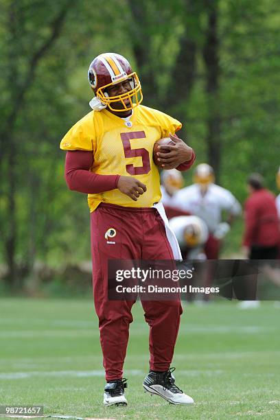 Quarterback Donovan McNabb of the Washington Redskins participates in a mini camp on April 18, 2010 at Redskins Park in Ashburn, Virginia.