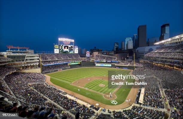 General view of the Minneapolis skyline at night during an MLB game between the Kansas City Royals and the Minnesota Twins at Target Field on April...