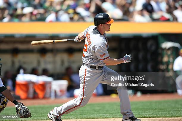 Matt Wieters of the Baltimore Orioles hitting during the game against the Oakland Athletics at the Oakland Coliseum in Oakland, California on April...