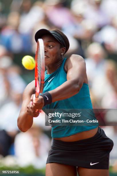 June 9. French Open Tennis Tournament - Day Twelve. Sloane Stephens of the United States in action against Simona Halep of Romania on Court...