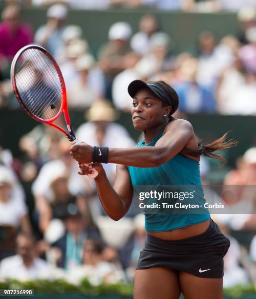 June 9. French Open Tennis Tournament - Day Twelve. Sloane Stephens of the United States in action against Simona Halep of Romania on Court...